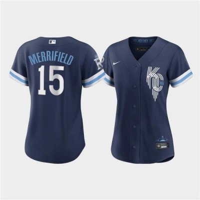 Women Kansas City Royals 15 Whit Merrifield 2022 Navy City Connect Cool Base Stitched Jersey