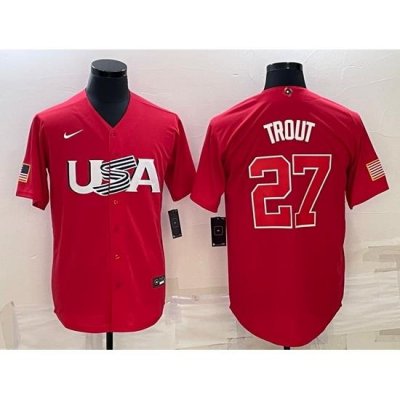 Men USA Baseball 27 Mike Trout 2023 Red World Baseball Classic Stitched Jersey