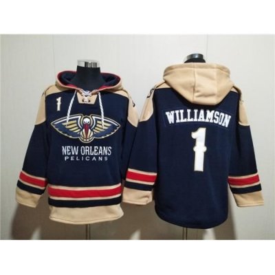 Men New Orleans Pelicans 1 Zion Williamson Navy Ageless Must Have Lace Up Pullover Hoodie