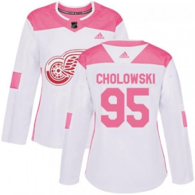 Womens Adidas Detroit Red Wings 95 Dennis Cholowski Authentic WhitePink Fashion NHL Jersey