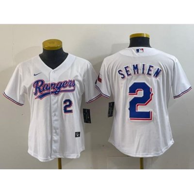 Women Texas Rangers 2 Marcus Semien White Gold Cool Base Stitched Baseball Jersey