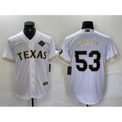 Men Texas Rangers 53 Adolis Garcia White Gold Cool Base Stitched Baseball Jersey