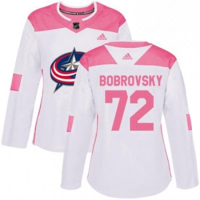 Womens Adidas Columbus Blue Jackets 72 Sergei Bobrovsky Authentic WhitePink Fashion NHL Jersey