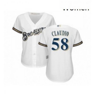 Womens Milwaukee Brewers 58 Alex Claudio Replica White Alternate Cool Base Baseball Jersey