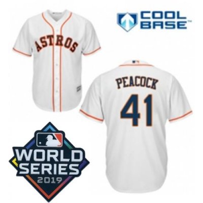 Mens Majestic Houston Astros 41 Brad Peacock Replica White Home Cool Base Sitched 2019 World Series Patch jersey