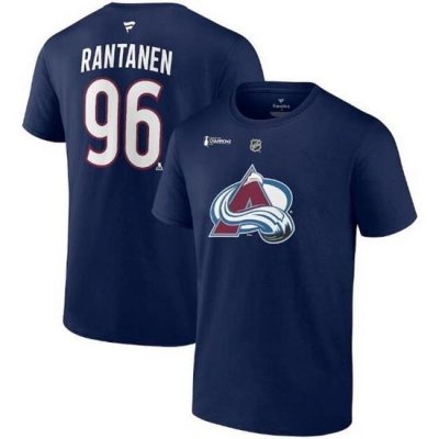 Men Colorado Avalanche 96 Mikko Rantanen Navy 2022 Stanley Cup Champions Authentic Stack Name  26 Number T Shirt