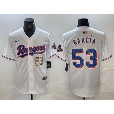 Men Texas Rangers 53 Adolis Garc EDa White Gold Cool Base Stitched Baseball Jersey 7