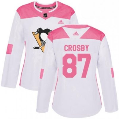 Womens Adidas Pittsburgh Penguins 87 Sidney Crosby Authentic WhitePink Fashion NHL Jersey