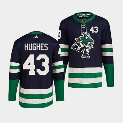 Men Vancouver Canucks 43 Quinn Hughes Navy 2022 Reverse Retro Stitched Jersey