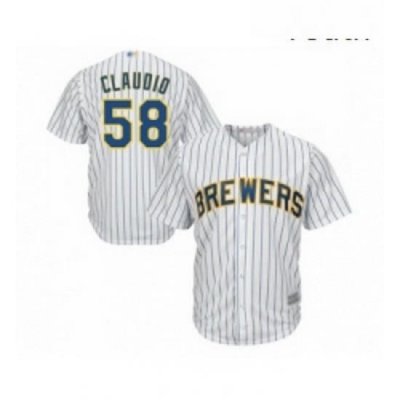 Youth Milwaukee Brewers 58 Alex Claudio Replica White Home Cool Base Baseball Jersey