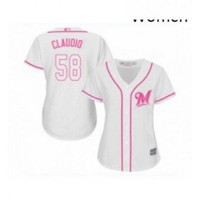 Womens Milwaukee Brewers 58 Alex Claudio Replica White Fashion Cool Base Baseball Jersey