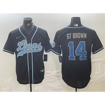 Men Detroit Lions 14 Amon Ra St  Brown Black Cool Base Stitched Baseball Jersey