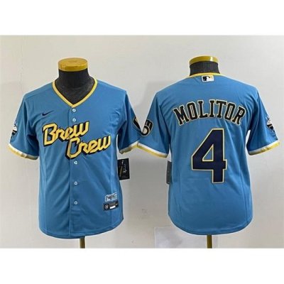 Women Milwaukee Brewers 4 Paul Molitor 2022 Powder Blue City Connect Cool Base Stitched Jersey  Run Small