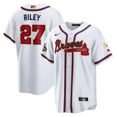 Youth Atlanta Braves 27 Austin Riley 2022 White Gold World Series Champions Program Cool Base Stitched Jersey