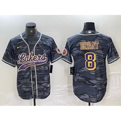 Men Los Angeles Lakers 8 Kobe Bryant Grey Camo Cool Base Stitched Baseball Jersey 3