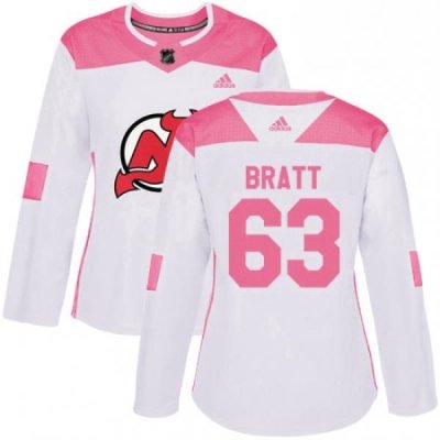 Womens Adidas New Jersey Devils 63 Jesper Bratt Authentic WhitePink Fashion NHL Jersey