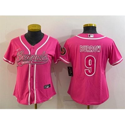 Women Cincinnati Bengals 9 Joe Burrow Pink With Patch Cool Base Stitched Baseball Jersey