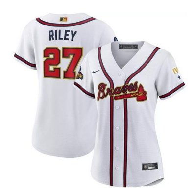 Women Atlanta Braves 27 Austin Riley 2022 White Gold World Series Champions Program Stitched Jersey