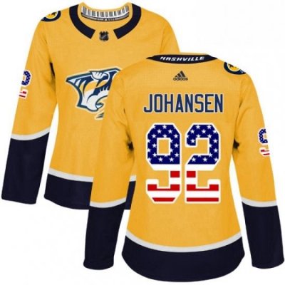 Womens Adidas Nashville Predators 92 Ryan Johansen Authentic Gold USA Flag Fashion NHL Jersey