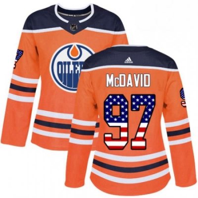 Womens Adidas Edmonton Oilers 97 Connor McDavid Authentic Orange USA Flag Fashion NHL Jersey