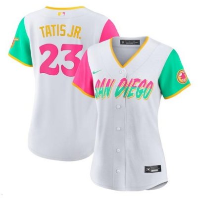 Women San Diego Padres 23 Fernando Tatis Jr  2022 White City Connect Cool Base Stitched Baseball Jersey