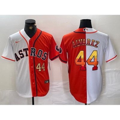 Men Houston Astros 44 Yordan Alvarez White Orange Split With Patch Cool Base Stitched Baseball Jersey 2