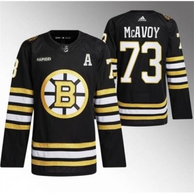 Men Boston Bruins 73 Charlie McAvoy Black With Rapid7 Patch 100th Anniversary Stitched Jersey