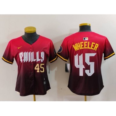 Women Philadelphia Phillies 45 Zack Wheeler Red 2024 City Connect Limited Stitched Baseball Jersey 2