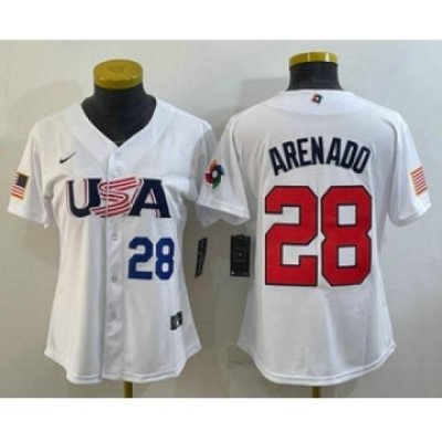 Womens USA Baseball 28 Nolan Arenado Number 2023 White World Classic Replica Stitched Jerseys