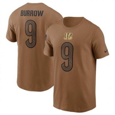 Men Cincinnati Bengals 9 Joe Burrow 2023 Brown Salute To Service Name Number T Shirt