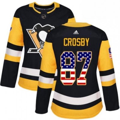 Womens Adidas Pittsburgh Penguins 87 Sidney Crosby Authentic Black USA Flag Fashion NHL Jersey