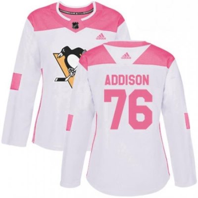 Womens Adidas Pittsburgh Penguins 76 Calen Addison Authentic White Pink Fashion NHL Jersey