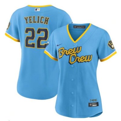 Women MilWaukee BreWers 22 Christian Yelich 2022 PoWder Blue City Connect Cool Base Stitched Jersey