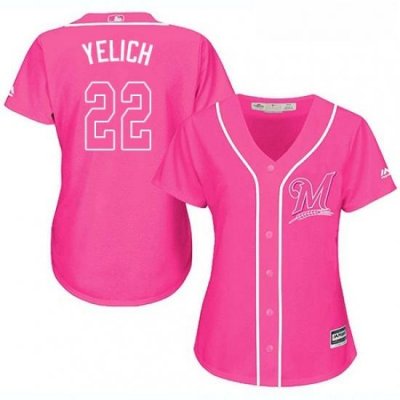 Womens Milwaukee Brewers 22 Christian Yelich Pink Fashion Stitched MLB Jersey