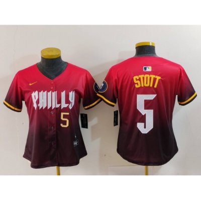 Women Philadelphia Phillies 5 Bryson Stott Red 2024 City Connect Limited Stitched Baseball Jersey 2