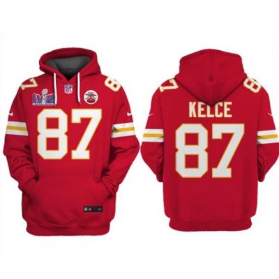 Men Kansas City Chiefs 87 Travis Kelce Red Super Bowl LVIII Patch Pullover Hoodie